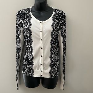 White House Black Market lightweight cardigan, ivory with black lacy design